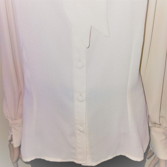 Unique Vintage Ivory Crepe Neck Tie Puff Sleeves Gwen Blouse - S/4 NWT - Picture 3 of 4